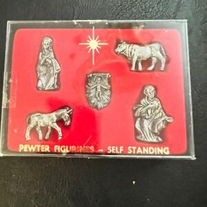 Vtg Miniature Pewter Nativity Set 5pc  Standing Figurines Christmas Cottagecore